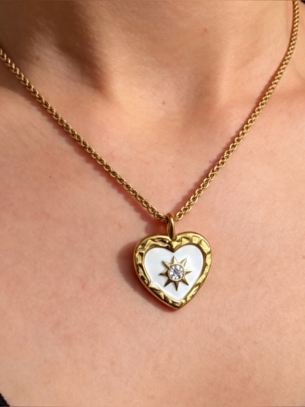 White Heart Star Pendant Stainless Steel Gold Necklace